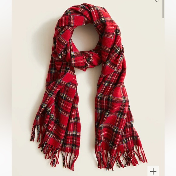 J. Crew Accessories - NWT, J. Crew, Red Tartan Italian Wool Plaid Fringed Scarf
